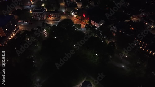 Salem MA Night Drone Video: 360 View of Historic City, Witch Trials Memorial, Harbor & Downtown Lights. Atmospheric New England Aerial Stock Footage, Massachusetts Coastline & Haunted Cityscape at Nig