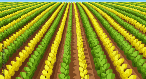 Tableau sur toile Vibrant Rows of Growing Plants in a Sunny Agricultural Field