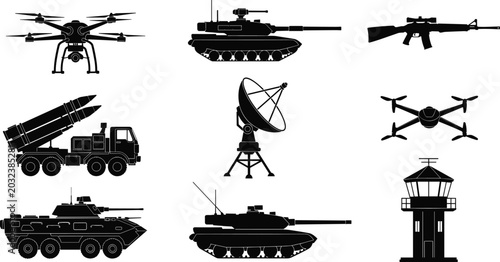 Photos Military Equipment Silhouette Vector Collection with Tanks, Drones, Missile Laun