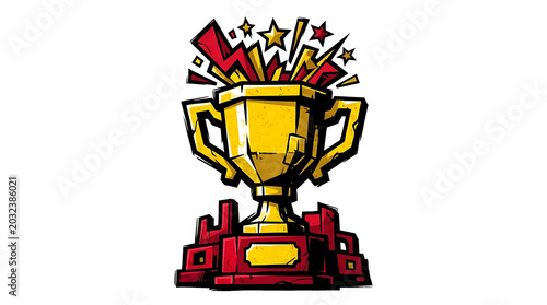 Foto Stylized Golden Trophy Cup Illustration with Explosive Stars and Grit