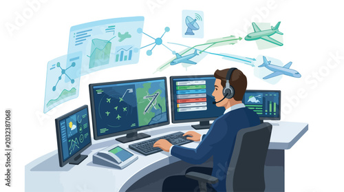 Air traffic controller managing multiple screens and aircraft movements.