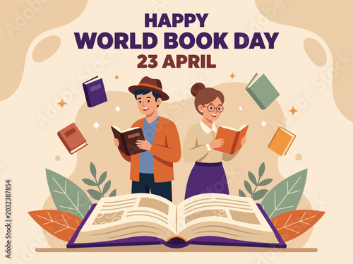 Young Man and Woman Reading Books for World Book Day Celebration on April 23 with Flat Vector Illustration Style and Educational Concept