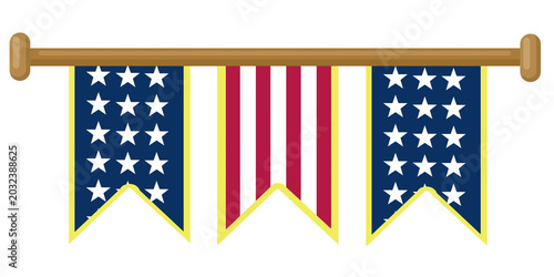 United States patriotic bunting flag banner hanging on wooden pole decoration for national holidays