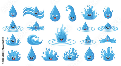 Cute water drop characters with smiling faces splashing and rippling