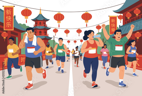 Marathon runners diverse ethnicities celebrating streets Chinese New Year festival vibrant lanterns, pagoda. Mixed age participants active race fitness. Men women sportswear joyful, determined.
