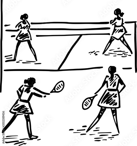 Hand Drawn Doubles Tennis Match Vector Illustration