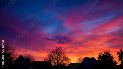 赤青紫の美しい夕焼け空と家並みが織りなすカラフルで感動的な夕景