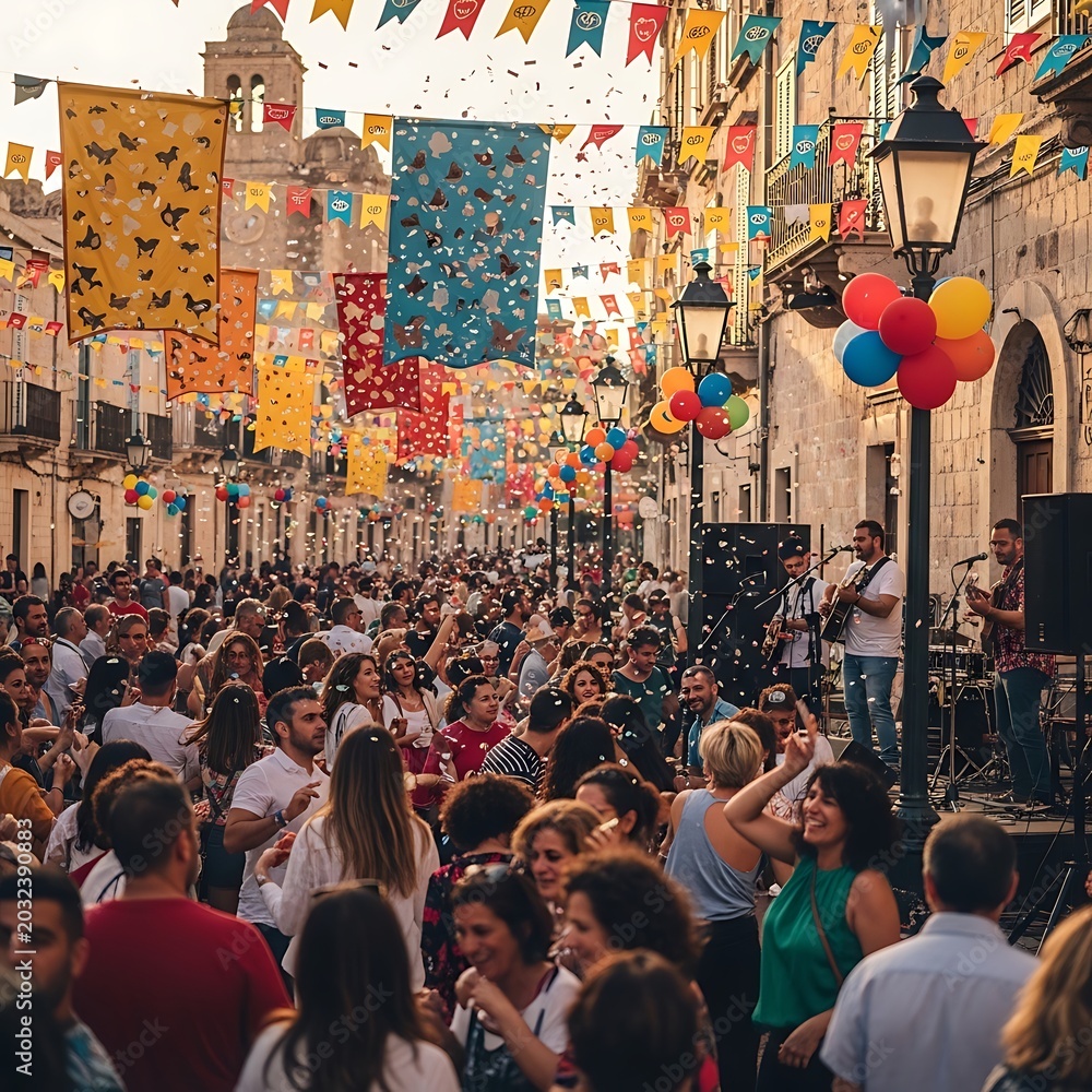 Obraz premium Vibrant street party with crowd dancing under colorful decorations.