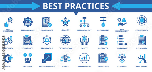 Best practices icon collection set. Containing compliance, performance, safety, methodology, expertise, risk management, ethics, efficiency icon. Simple flat vector
