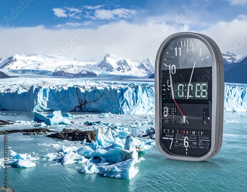 Digital clock on icy glacier landscape.
