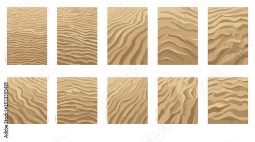 Collection of sand dunes with ripples and textured patterns in desert