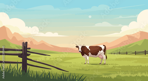Foto Pastoral Landscape with Holstein Cow in Green Field, Mountains and Fence, Rural