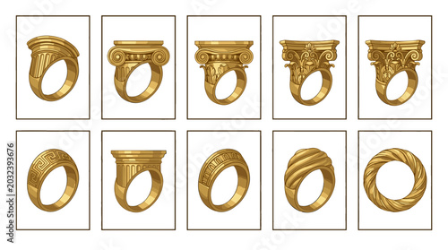 Fotografija Set of ancient gold rings with intricate designs and patterns