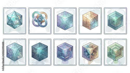 Foto Collection of various 3d geometric shapes with futuristic design