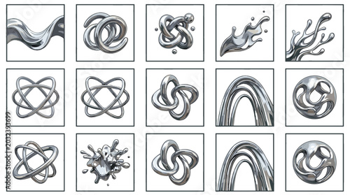 Valokuva Collection of various metallic abstract shapes and complex forms