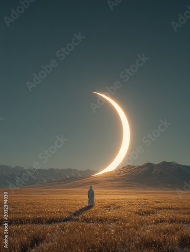 Giant crescent moon rising over wide fertile fields with a calm person walking, golden sunlight illuminating a charismatic figure in elegant style, symbolizing new beginnings and hope