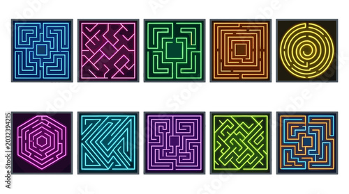 Set of colorful abstract maze patterns with geometric designs