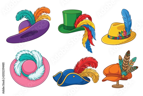 Foto Colorful flamboyant hats adorn isolated white background featuring feathers and vibrant accents