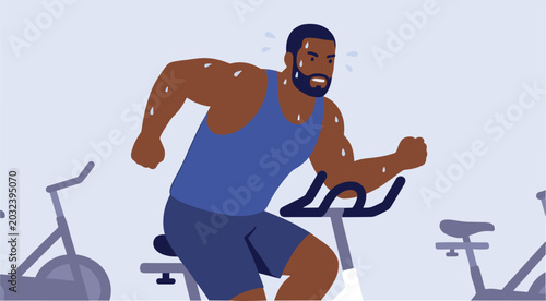 Photos Male athlete exercising cycling intense sweat, African-American ethnicity gym workout fitness determined expression wearing tank top shorts, indoor training environment stationary bike