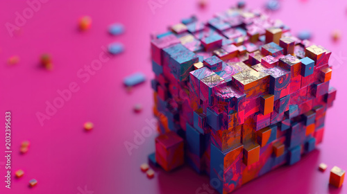 Visualization of Large Block Breaking Apart into Small Cubes in Blockchain