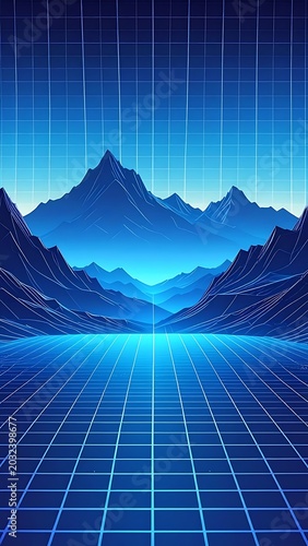 A futuristic blue landscape with a grid floor and mountain range