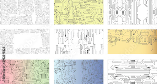 Photos Flat microelectronics circuit board banner isolated on transparent background