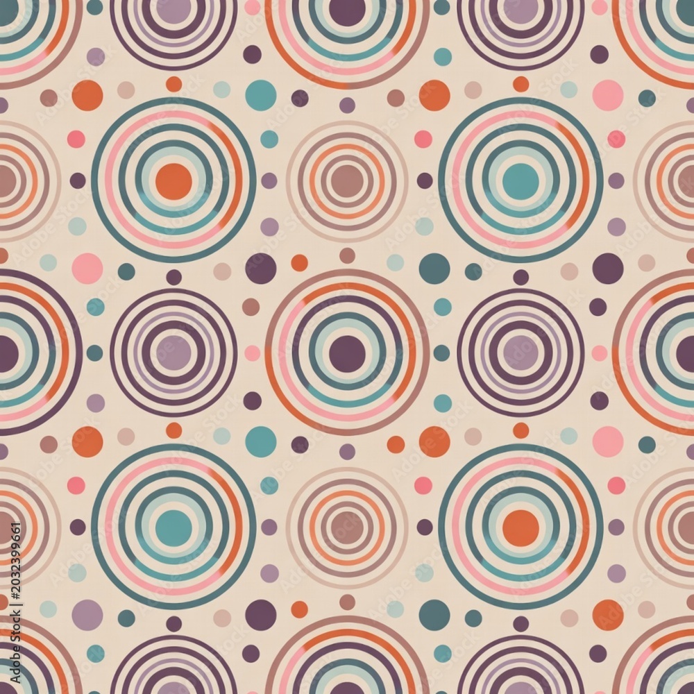 Naklejka premium Retro Abstract Circle Seamless Pattern with Colorful Geometric Rings and Mid Century Modern Style