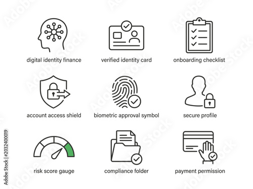 Financial security and identity icons set