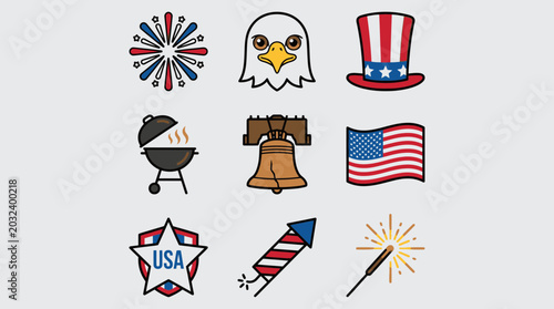 USA Independence Day Icons: Eagle, Flag, Fireworks, Grill