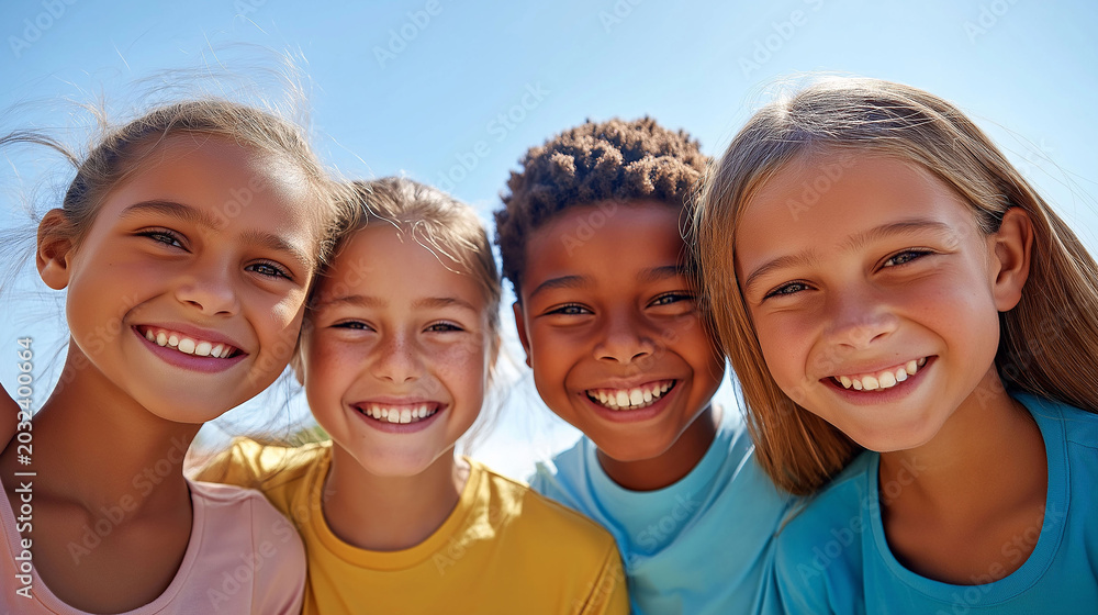 Fototapeta premium Four children smile brightly at the camera. They stand close, under clear blue skies. Their joy radiates warmth and friendship. Perfect for family, school, or community projects