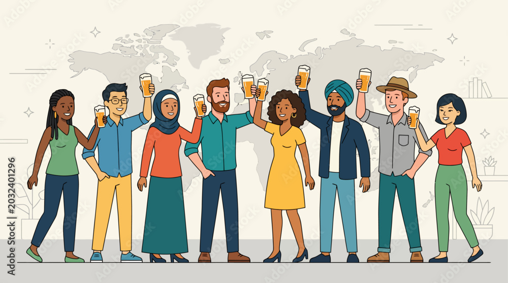 Obraz premium A vibrant flat design illustration depicting a diverse group of people from various nations raising their beer glasses in a celebratory global toast, set against a subtle world map backdrop.