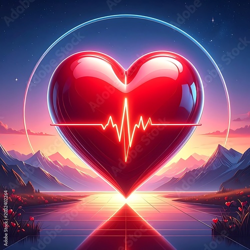 A glowing red heart with an ECG line, set against a serene mountain landscape