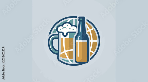 A minimalist flat design illustration featuring a beer mug and bottle cleverly integrated with a globe icon, symbolizing the worldwide celebration of International Beer Day.