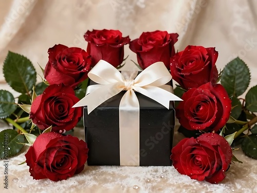 Red roses and a black gift box with a satin ribbon close up