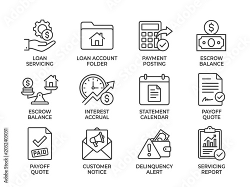 Financial Management Icons: Loan Servicing to Delinquency Alerts