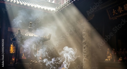 Sunlight beams streaming into a traditional Chinese temple with incense smoke.
