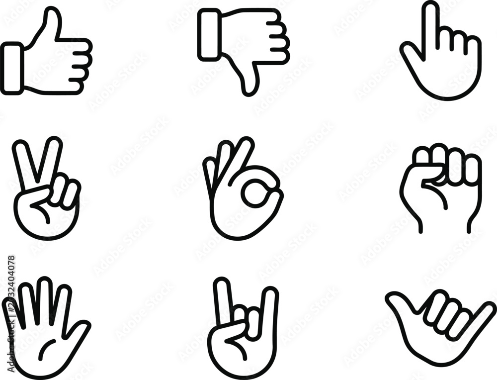 Fototapeta premium Collection of nine hand gesture icons in black outline style for communication
