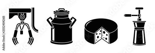 Schilderij op canvas Set of icons representing dairy production, including a milking machine, milk ca
