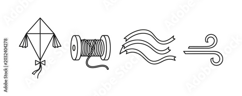 Obraz na płótnie Illustrations of a kite, a spool of thread, and wind represented by arrows