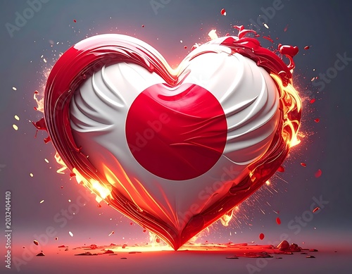 A heart-shaped object with a red circle on a white background engulfed in flames