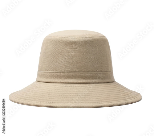 A beige bucket hat sits on a transparent background. The hat has a rounded crown and a wide brim.