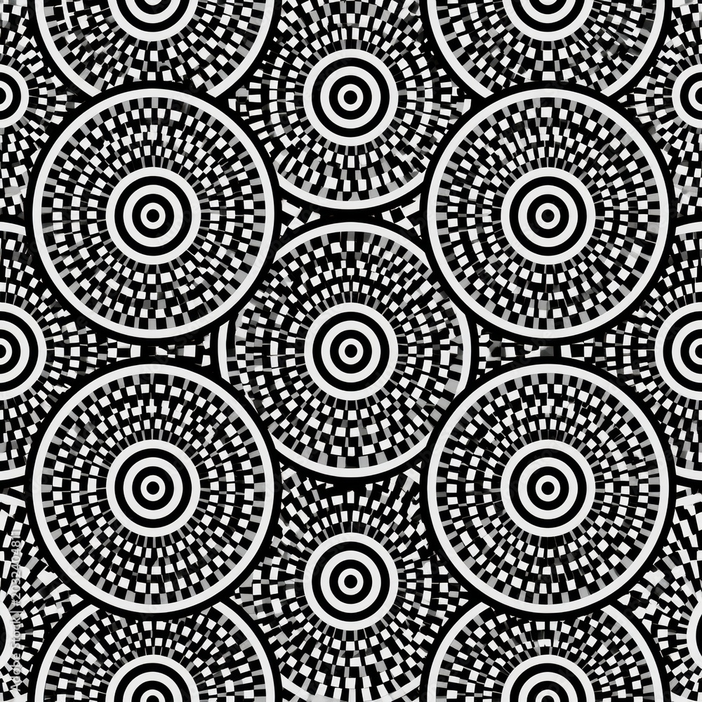 Fototapeta premium This design features black and white concentric rings with pencil silhouettes placed at intersections in a vintage style.