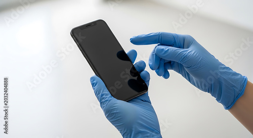 Person in blue gloves using smartphone with fingerprint sensor