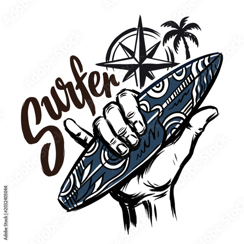Canvas Print Vintage hand-drawn illustration of a hand holding a decorative blue surfboard with a shaka sign, featuring a compass rose and palm tree, ideal for summer t-shirt designs and surfing labels