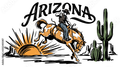 Retro Arizona themed illustration showing a cowboy on a bucking bronco with a sunset background. Hand-drawn artistic graphics featuring cacti, desert scenery, and classic wild west lettering.