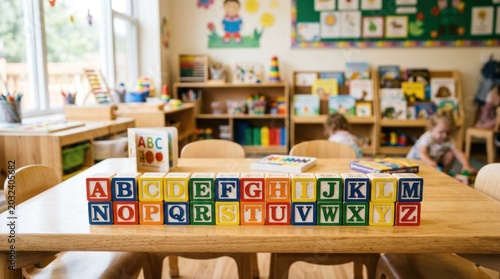 Several children are sitting at a wooden table, playing with a large alphabet block set. The table is covered with colorful art supplies, including crayons, markers, and paper.