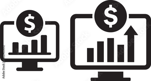 Computer screen with growing money graph icon silhouette