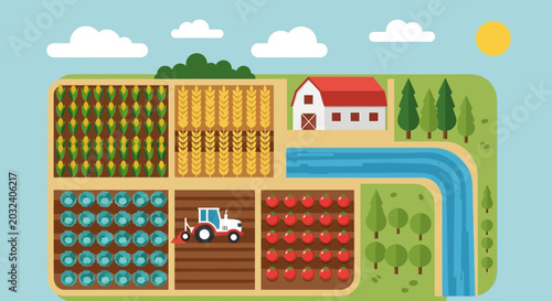 Bild auf Leinwand Vibrant Flat Design Farm Landscape with Fields, Barn, Tractor, and River