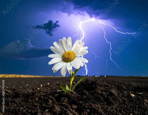 A lone daisy blooms in dark soil under a stormy sky with lightning