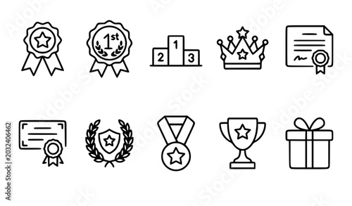 Fotografie Awards thin line vector icon set with trophy medal certificate leadership and ac